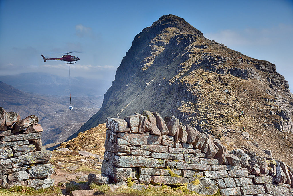 Flying stone up to the ridge of Suilven. Photo © Chris Puddephatt.