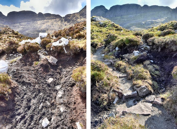 The evolved route to Suilven crosses peaty ground. And the same bit after work is completed. Photo © Chris Puddephatt.