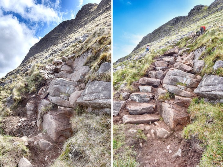 This awkward bedrock step was pushing walkers onto a number of different lines as they attempted to get past it. Some technical pitching up the side will should ensure everyone can now stick to the path. Photo © Chris Puddephatt.