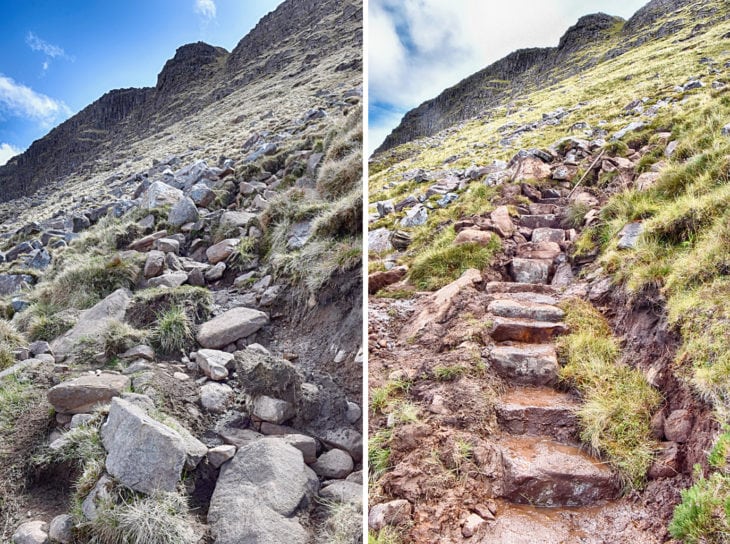 A deteriorating section of the path gullied out by water leaving a mess of rocks and mud. The pitching stabilises the ground and provides a better surface to walk on. Photo © Chris Puddephatt.