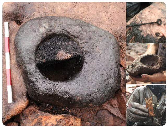 A selection of finds from Clachtoll (clockwise, l to r): the knocking stone with charred grain, a metal pin, a stone lamp, and a comb possibly used for weaving made from bone or antler © AOC Archaeology