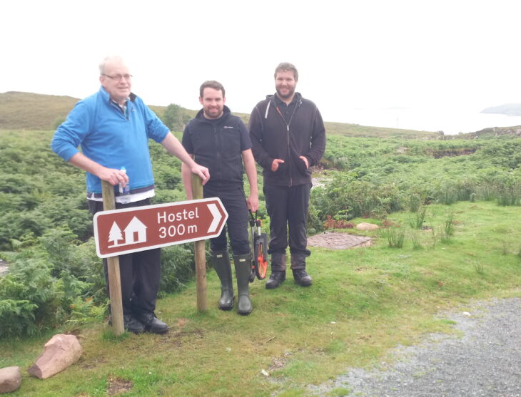 Donald Macleod (right), Local Development Officer of Coigach Community Development Company for the lead partner, Keith Mackay (centre), Technical Projects Officer from Outdoor Access Trust for Scotland providing project management support, & Andy Taylor (left), Managing director of A.C.T. Heritage Ltd. undertaking the path upgrade. © Boyd Alexander/Scottish Wildlife Trust