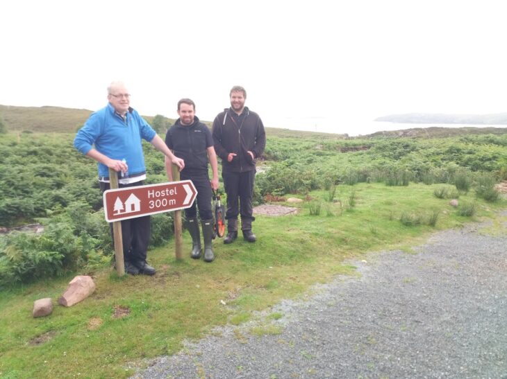 Donald Macleod (right), Local Development Officer of Coigach Community Development Company for the lead partner, Keith Mackay (centre), Technical Projects Officer from Outdoor Access Trust for Scotland providing project management support, & Andy Taylor (left), Managing director of A.C.T. Heritage Ltd. undertaking the path upgrade. © Boyd Alexander/Scottish Wildlife Trust